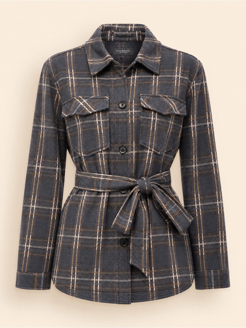 Liverpool Plaid Belted Jean Jacket - Gray with Tan Stripes
